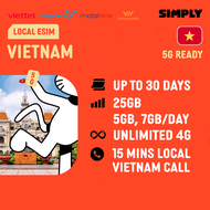 SIMPLY [eSIM] Vietnam Viettel | Vinaphone | Mobifone 3-30 Days | Unlimited4G | Daily: 5GB - 7GB| Tot