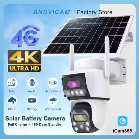 ANSVICAM 4G Outdoor Solar Camera 8MP Dual Lens PIR Night Vision Waterproof Security Camara Battery W