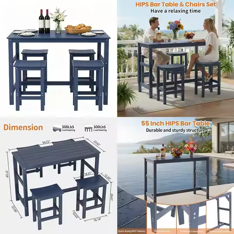 HILL Wood Bar Table Set, Light Oak 3D Paper Finish, Includes Rectangular Table amp 3 Upholstered Sto