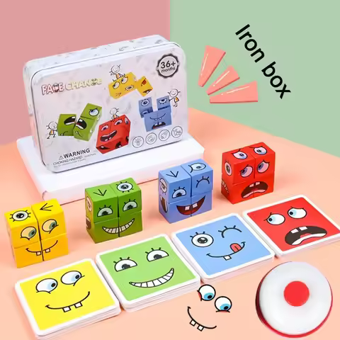 Cube Face Change Building Blocks Board Game Wood Puzzle Montessori Expression Wooden Blocks Blocos F