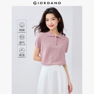 GIORDANO Women Polo Shirts Linen Cotton Classic Collar Knit Polo Shirts Short Sleeve Simple Fashion 