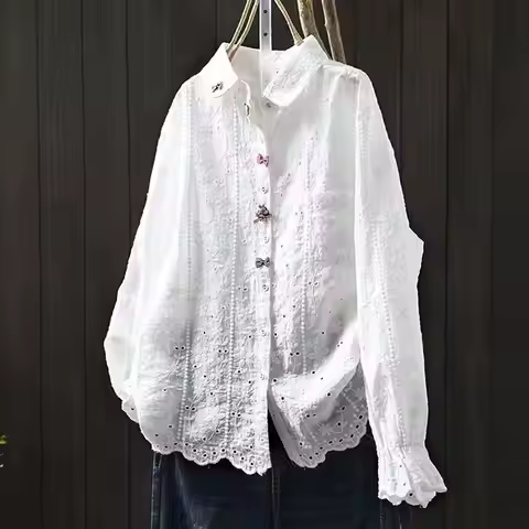 2025 Mori kei spring Japanese vintage clothing 100% cotton white lace embroidery shirts and blouses 