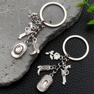 Pendant Ancient Silver Western Cowboy Hat Pistol Rose Keychain Creative Couple Bag Key Jewelry