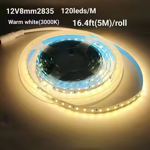 1 Roll/2 Rolls Low Voltage 12V 120 Leds/Meter 8mm Wide 2835 with Dc Connector Light Strip, 16.4 Feet