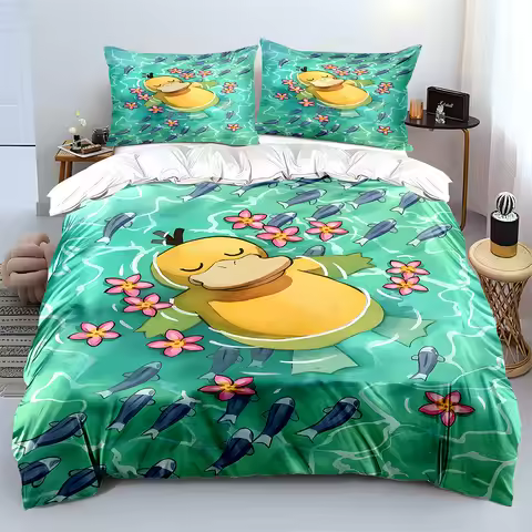 Cute Japanese Anime P0kem0n Psyduck Printed Bedding Set Duvet Cover 1 Duvet Cover 2 Pillowcases Surp