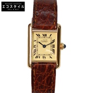 卡地亞 W1003153 925 Must Tank Vermeil SM 羅馬數位象牙色錶盤石英錶帶皮錶帶 [二手]