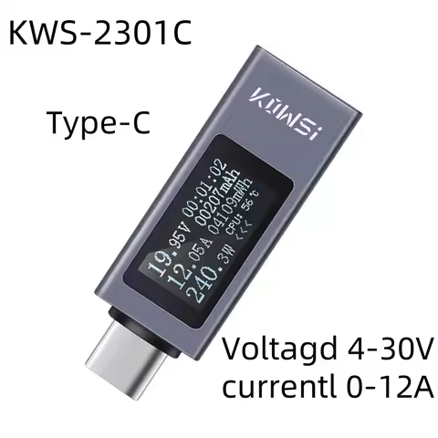 KWS-2301C Type-C Current Voltage Monitor DC 4-30V 0-12A Power Meter Tester PD Battery Capacity Digit