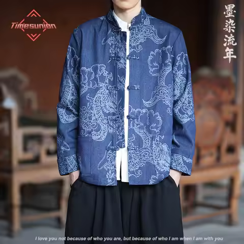 Tang Costume Denim Jacket Man Hanfu Coat Tradition New Chinese Style Jacket Button Down Qipao Top Ad