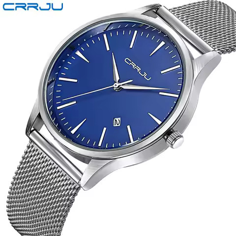 CRRJU Calander business Man Watches Stainless Steel Mesh Strap Round Fashion Sport Quartz Wristwatch