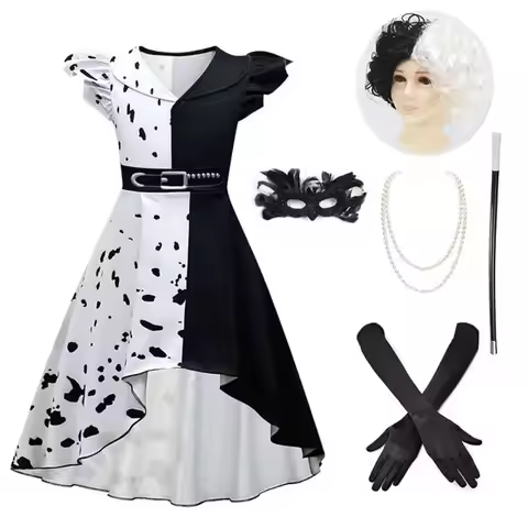 New 2026 ♥ Movie Evil Madame Cruella De Vil Cosplay Halloween Costume for kids Black Half White girl