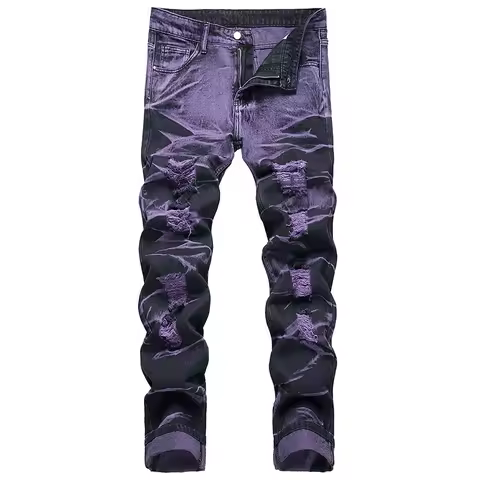 Retro Purple Black Ripped Jeans High Street Korean Version Jeans Y2k Baggy Jeans Stacked Jeans Mens