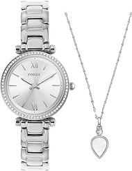 Fossil Women's Carlie Mini Quartz Stainless Steel Dress Watch, Silver/Necklace Gift Set, One Size, Carlie Watch and Charm Gift Set - ES5250SET