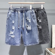 Thin Ripped Beggar Denim Shorts Men 2023 Summer High Street Trendy Loose Straight Five-point Pants C