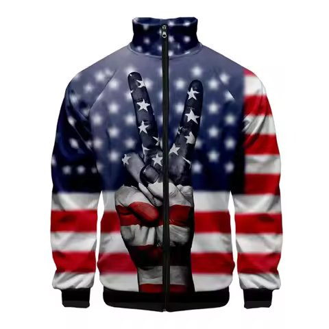 USA Flag American Stars And Stripes 3D Stand Collar Jackets Men Women Zipper Jacket Casual Long Slee