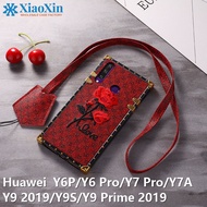 XiaoXin ดอกกุหลาบเหมาะสำหรับ Huawei Y6P 2020/Y6 pro/ Y7 pro/ Y7A/Y9S/2019/Y9 PRIME Luxury Square เคสโทรศัพท์ + เชือกเส้นเล็ก