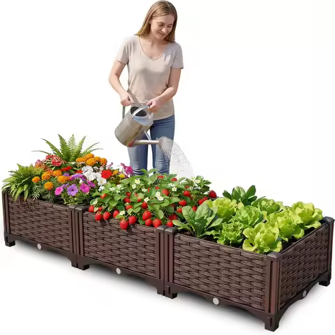 Rectangular Raised Garden Bed Kit Outdoor Plastic Planter Grow Box for Fresh Vegetables, Herbs, Flow