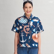 AT Hue เสื้อเชิ้ต อก 44 ยาว 23 เสื้อแขนสั้น เสื้อผ้าลินิน แท้ 100% เส้นใยธรรมชาติ พิมพ์ลาย แบรนด์ AT
