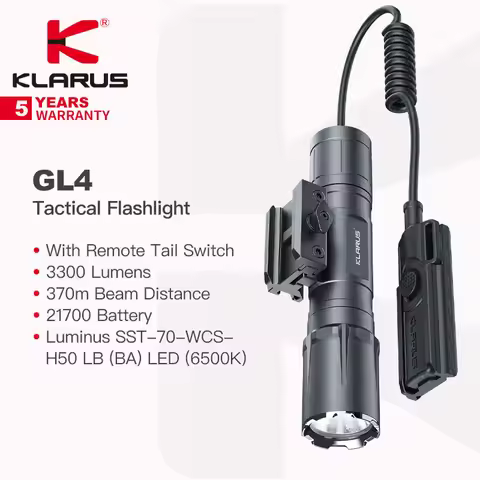 Klarus GL4 Rail/Tactical Flashlight with Remote Tail Switch, 3300 Lumens 370m Beam Distance, 21700 B