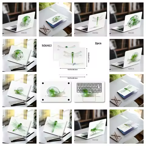 2PCS Green Dragonfly Laptop Skin Sticker, Realistic Insect Art Decal Cover for Macbook HP Dell Lenov