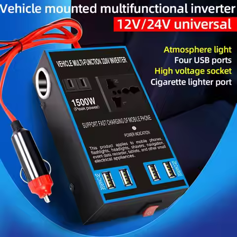1500W Power Inverter DC 12V 24V to AC 110V 220V Car Converter with 4 USB Quick Charging Cigar Lighte