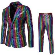 Fashion Mens 70s Disco Outfit Rainbow Suit Metallic Sequin Jacket and Pants Halloween Party Costume