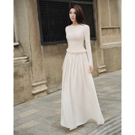 LOVELYN Faye Party Dress – Elegant Long Sleeve, Long Sleeve Lace, Cream Chiffon Silk Skirt