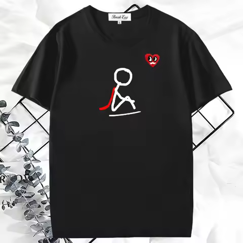Sad Stickman Superman Simple Drawing Printing Women T-shirt Red Eyes Beard Heart Embroidery Cotton O