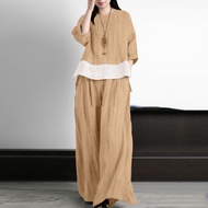 ZANZEA | Zanzea เซ็ตกางเกงเสื้อเย็บต่อกันแขน3/4วินเทจของผู้หญิง2ชิ้นชุดวอร์มทรงหลวมชุดกางเกงขากว้างล