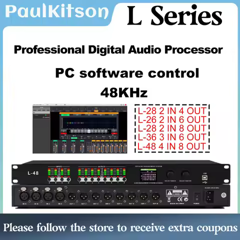 Paulkitson L-48 Professional Digital Audio Processor 4 IN 8 OUT 32-bit DSP Audio Speaker Management 