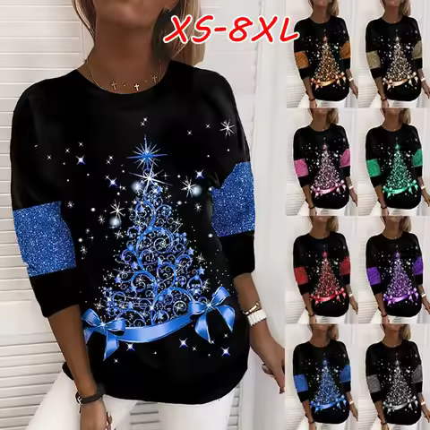 XS-8XL Women's T shirt Tee Snowflake Sparkly Christmas Tree Christmas Weekend Painting Tee Long Slee