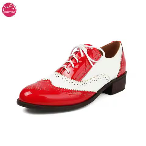 Women Block Heel Wingtip Oxford Shoes Vintage Saddle Shoes Casual Brogue Ladies Handmade Lace Up Lea