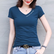 Pure Cotton Solid Color T-shirt Women's Short Sleeves Slim Summer New Style V-neck Black Tight Botto