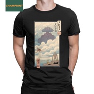 Vintage Castle In The Sky Ukiyo-E T-Shirt for Men Crew Neck Pure Cotton T Shirt Studio Ghibli Short 