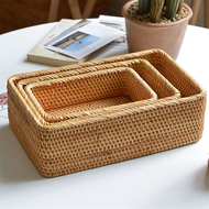 Hand-Woven Rattan Wicker Basket Fruit Tea Snack Bread Basket Cosmetic Rectangular Storage Box Househ