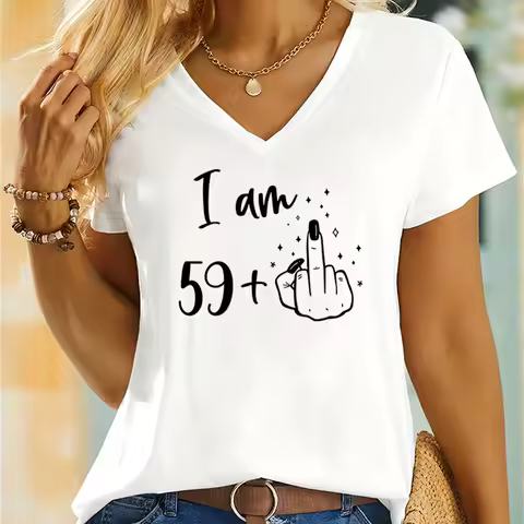 I Am 59+1 60th Birthday Middle Finger T-Shirt Women Birthday Party Classic Graphic T-Shirts Womens 5