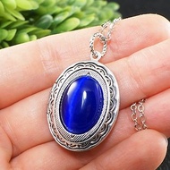 Ultramarine Blue Cat Eye Oval Silver Locket Keepsake Pendant Necklace Jewelry