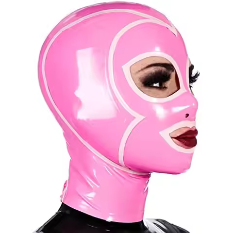 Latex Hood Mask Holiday Hood Pink and White Strips Decorated Big Mouth with Zipper Party Latex Mask