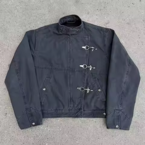 Harajuku Vintage 90s Button Hooded Sweatshirts Streetwear Casual Aesthetic Grunge Stand Neck Jacket 