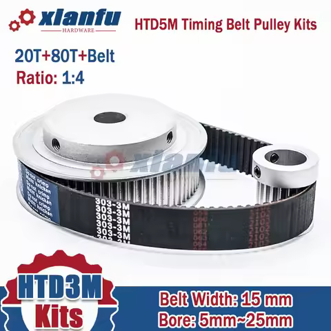 HTD3M 20T+80T Timing Belt Pulley Kits Belt Width 15mm Ratio 1:4 Bore 5~25mm Wheel Set HTD 3M 20Teeth