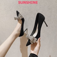 9p pointed-toe silk high heels with luxurious stone bows, 7p high heels with studded heels Sunshine 