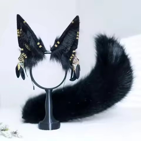 1SET/ Anubis Style Ears & Tail Set - Black Faux Fur Handmade Egyptian God Cosplay Costume for Hallow