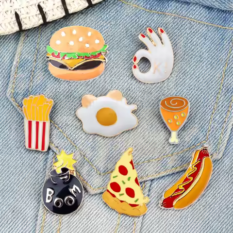 Hamburger Pizza Fries Hot Dog Chicken Legs Poached Eggs Enamel Brooch Pin Hat Shirt Collar Decoratio