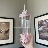 🎀順豐包郵 全新Starbucks星巴克新款吸管杯Starbucks星巴克萌兔桃花款雙層玻璃吸管杯Starbucks星巴克萌兔花花款吸管杯