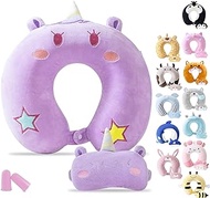 Kids Travel Pillow Cute Neck Pillow for Traveling Memory Foam Airplane Pillow with Sleep Mask Animal Flight Pillow Head Rest Neck Support for Cars Long Flights Sleeping Girls Boys (Purple Unicorn)