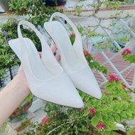 Women's sandal 7cm flared heel, pointed toe, square back, easy-to-wear elastic attached, available i