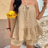 ชุดสองชิ้น พลัสไซส์ สำหรับฤดูร้อน อีสเตอร์ เสื้อผ้าทางตะวันตก ลูกไม้ เสื้อพัฟไหล่เปิด และกางเกงขาสั้