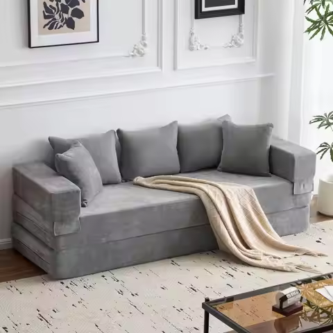 79 Queen Size Sleeper Sofa Bed with Armrests, Pillows, Chenille Fabric, Grey Couch Chaise Lounge for