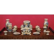 Ancestor altar set with antique cracked enamel, lotus embossed motif. Premium Bat Trang Ceramics.