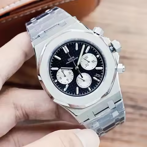 Luxury 42mm Rose Gold Quartz Chronograph Watches 904L Stainless Steel Precision VK63 Movement Black 