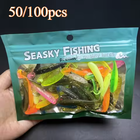 50/100Pcs Soft Fishing Lures T Tail Worm, Soft Plastic Fishing Lures Paddle Tail Swimbaits 5.5cm Sof